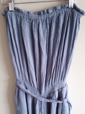 Evereve Riley Dusty Blue Strapless Gauze Maxi Romper with Tie Waist